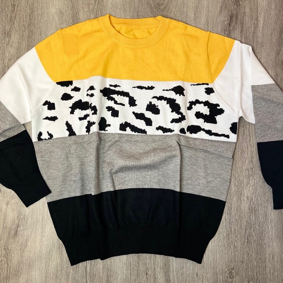 OnlyPuff Women Knitted Sweater Striped Long-Sleeve Leopard Pullover Top - Picture 7 of 10